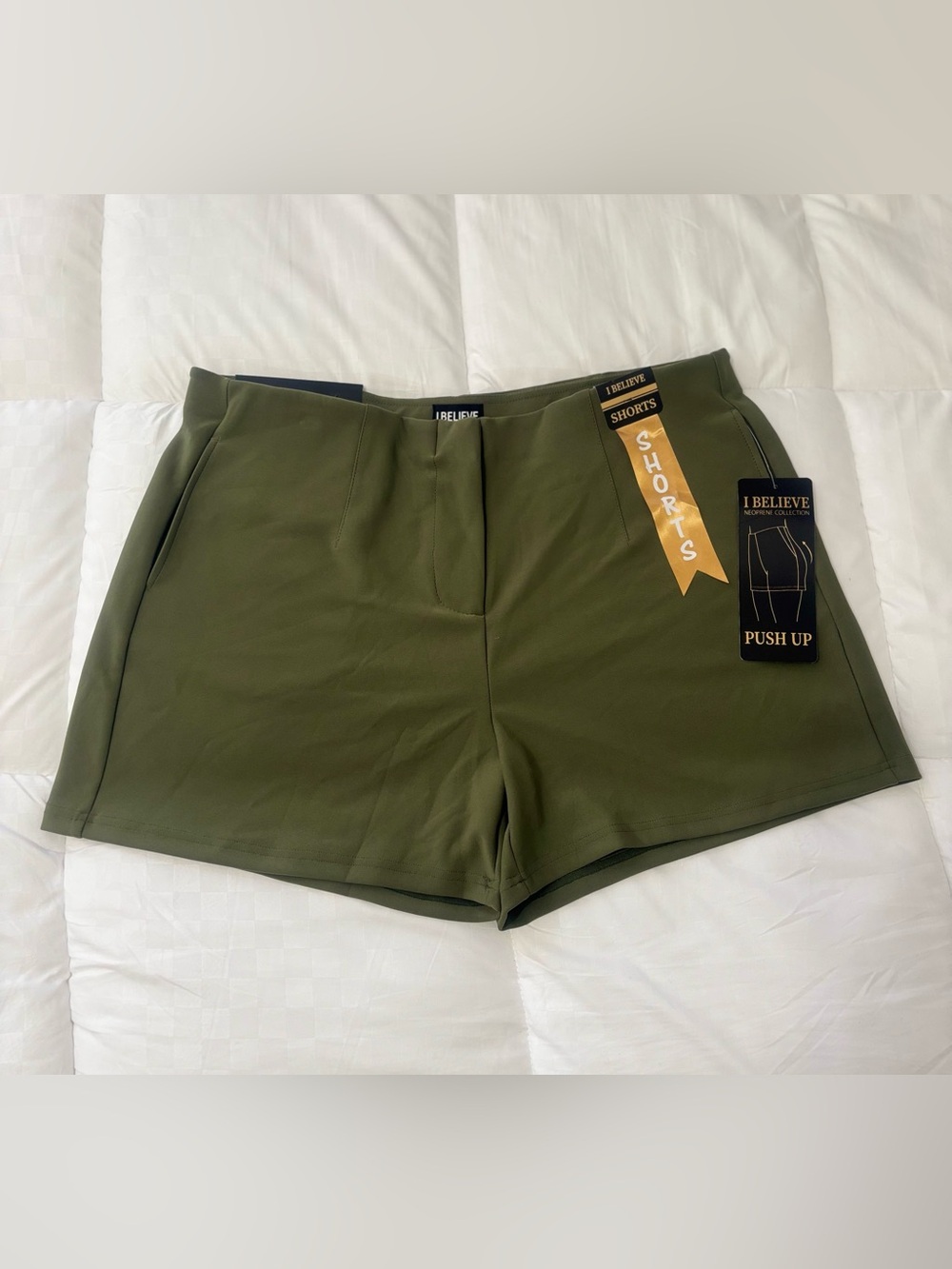 I Believe Neoprene Collection Olive Green Women’s Stretch Shorts Size:XXL